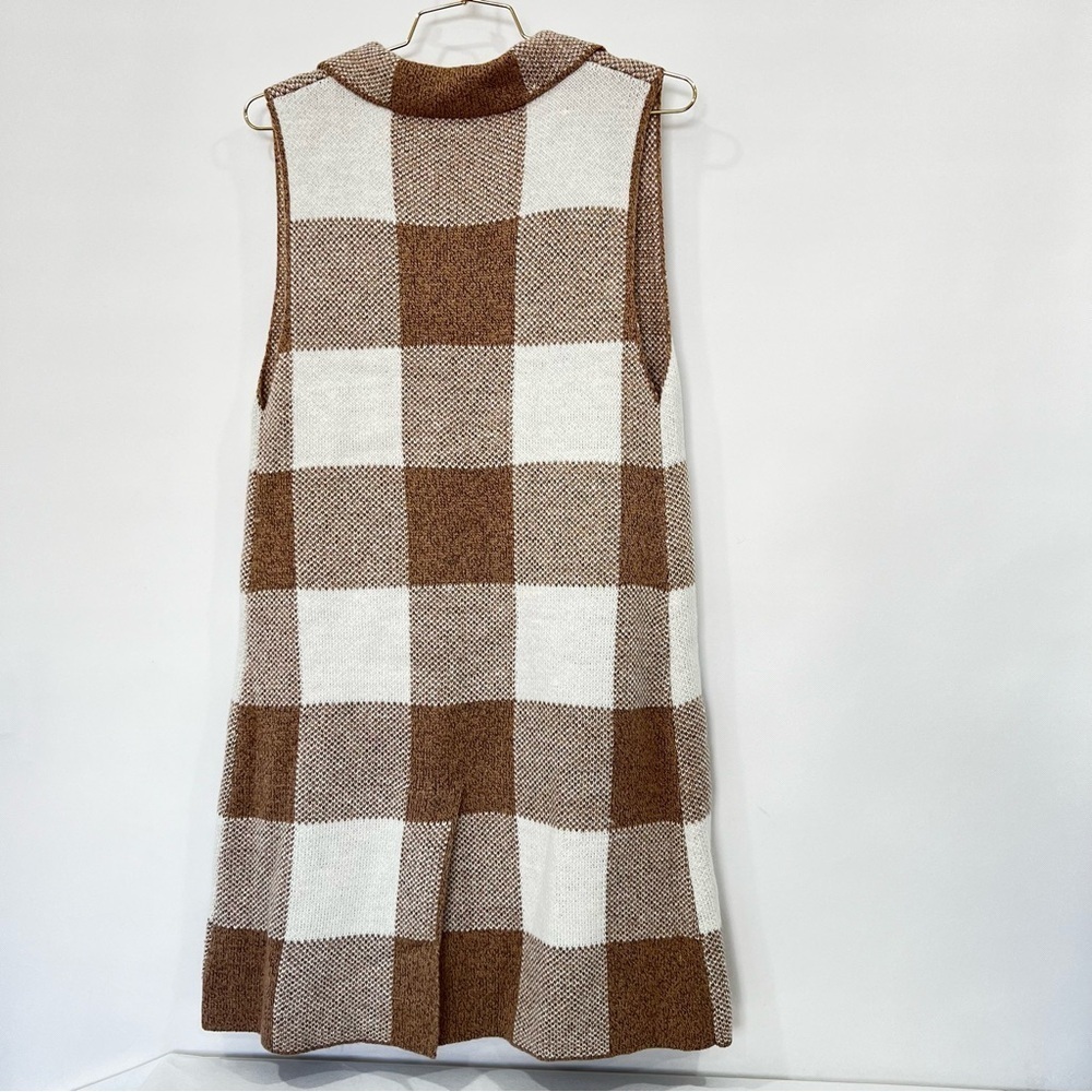 Open Front Sweater Vest Size Small Plaid Checks Khaki/Cream Beige Cable Knit - Picture 6 of 9